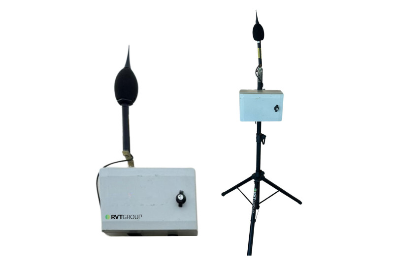 Monitex Area noise monitor unit, one image off the stand, another image mounted on the stand